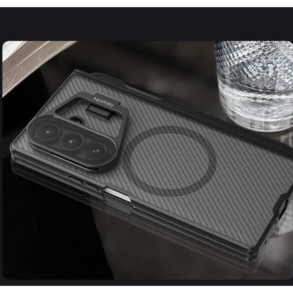 گارد مگنتی نیمه شفاف کمرا استند شیشه ای Samsung Galaxy Z Fold 7 مارک نیلکین مدل Camshield Prop Clear با درگاه قلم — تصویر ۴