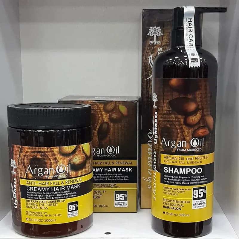 شامپو تقویت‌کننده و ترمیم‌کننده مو لایتنس مدل argan حجم 900 میلی‌لیتر به همراه ماسک مو لایتنس مدل argan oil حجم 1000 میلی‌لیتر، حاوی روغن آرگان طبیعی، فاقد سولفات، مناسب موهای آسیب دیده و رنگ شده — تصویر ۳