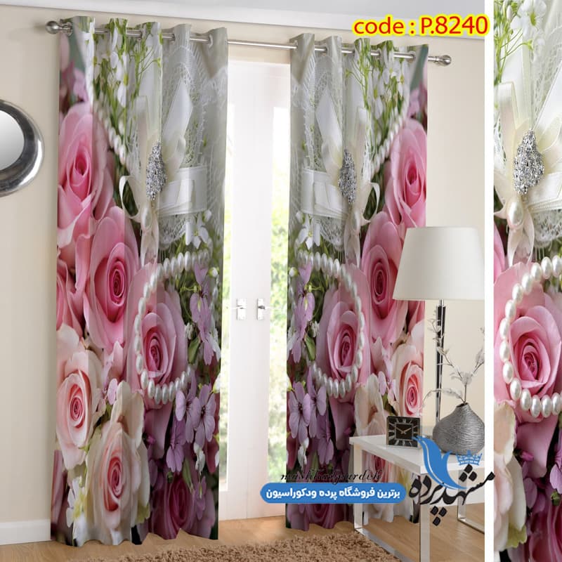 پرده پانچ گلدار طرح فانتزی گل رُز و مروارید کد P8240