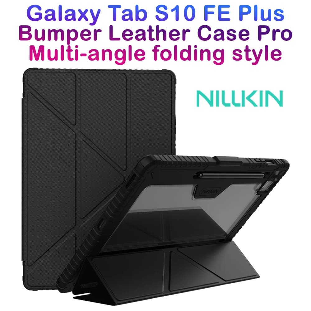 کیف چرمی پشت شفاف ایربگ دار استند تاشو چند زاویه Samsung Galaxy Tab S10 FE Plus مارک نیلکین مدل Bumper Pro