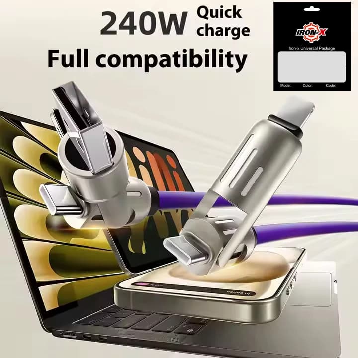 کابل تبدیل USB/USB-C به لایتنینگ/USB-C آیرون ایکس مدل SUPERFAST240W 4IN1 طول 1 متر — تصویر ۳