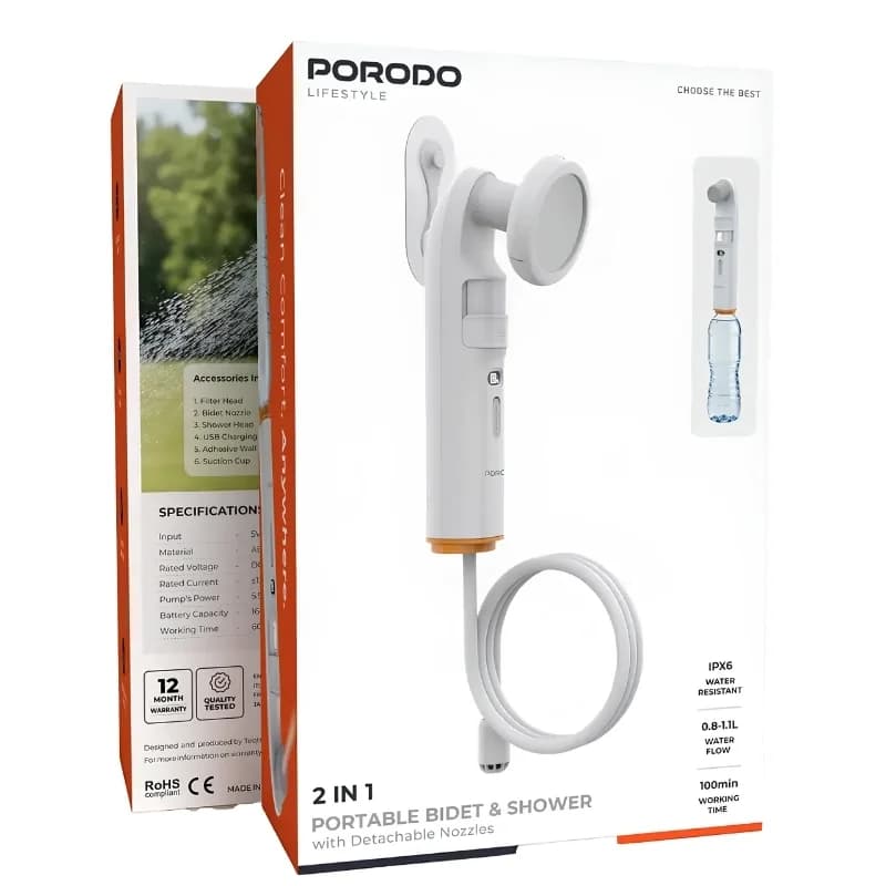 دوش و بیده قابل حمل شارژی 3.7 ولت 1 لیتر پرودو (Porodo) مدل PDLFSTPB55WH — تصویر ۲