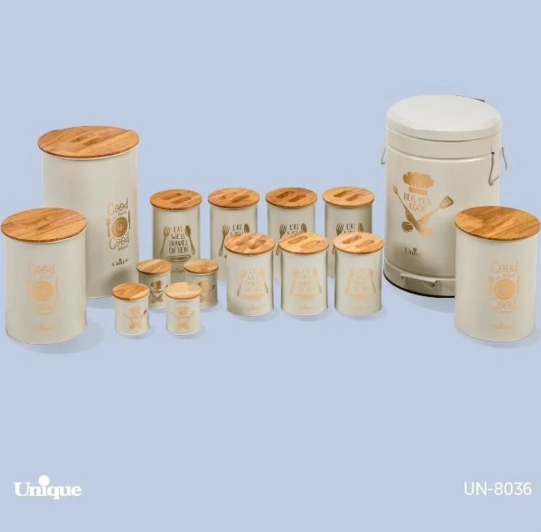 سرویس آشپزخانه 15 پارچه یونیک کرم طلایی درب بامبو un-8036