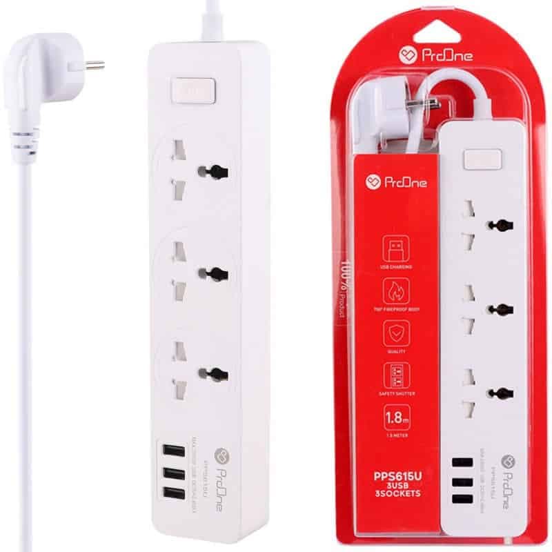 چند راهی 3 خانه برق ارت دار پرووان PPS615U با کابل 1.8 متری + شارژر USB