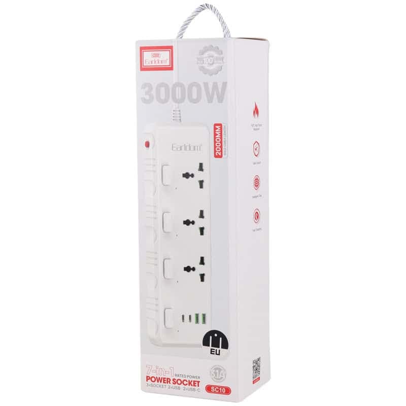 چند راهی 3 خانه برق ارت دار ارلدام ES-SC10 با کابل 2 متری + شارژر USB و Type-C — تصویر ۲
