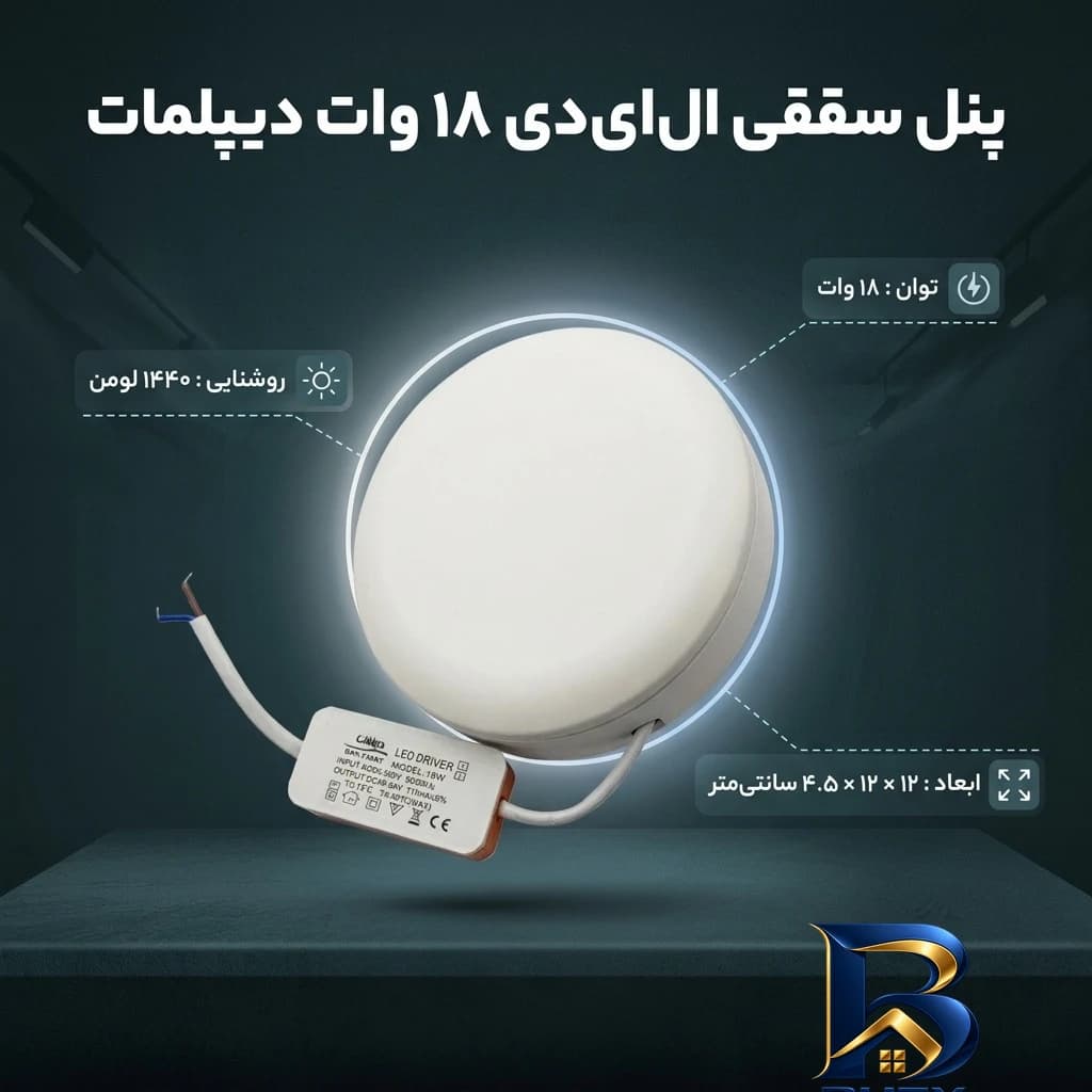 پنل سقفی ال ای دی ۱۸ وات دیپلمات مدل فول لایت گرد روکار — تصویر ۲