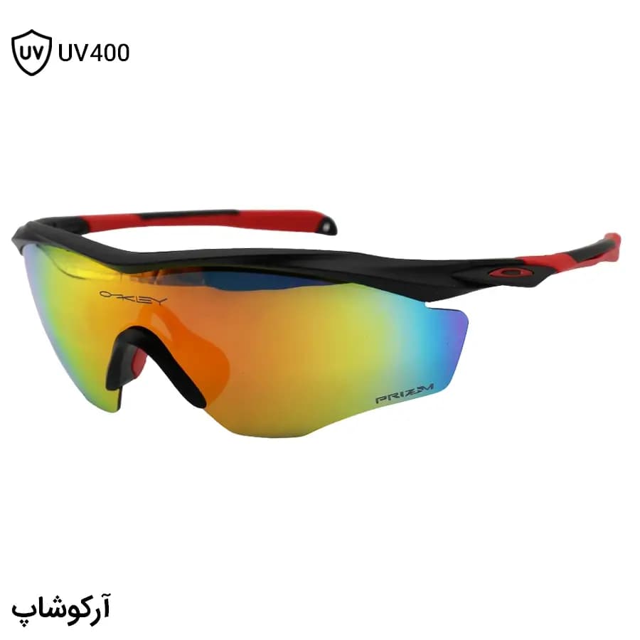 عینک ورزشی OAKLEY طرح M2 Frame با فریم مشکی مات، نیم فریم و لنز جیوه‌ای و چند رنگ مدل OO9343
