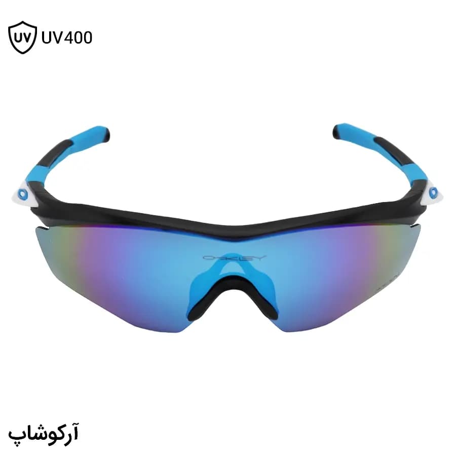 عینک ورزشی اوکلی طرح M2 Frame با فریم مشکی مات، نیم فریم و لنز جیوه‌ای و آبی رنگ مدل OO9343 — تصویر ۲