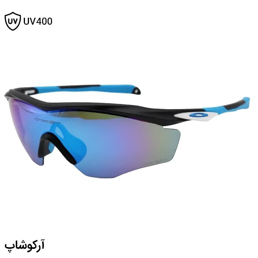 عینک ورزشی اوکلی طرح M2 Frame با فریم مشکی مات، نیم فریم و لنز جیوه‌ای و آبی رنگ مدل OO9343