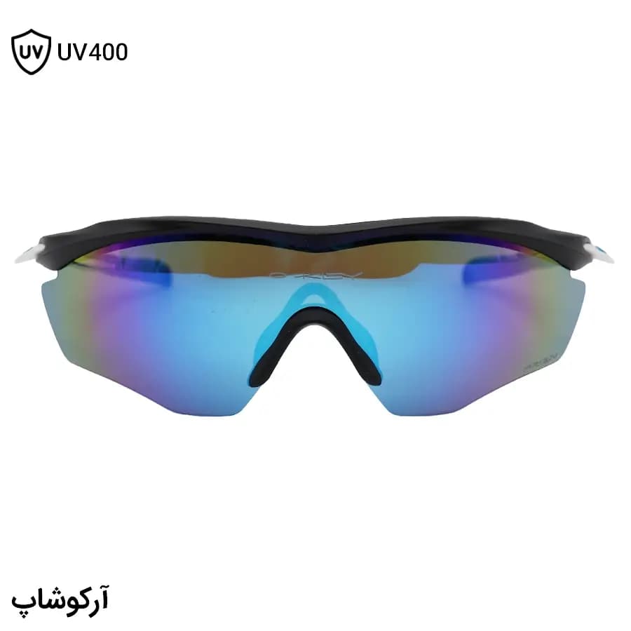 عینک ورزشی اوکلی طرح M2 Frame با فریم مشکی مات، نیم فریم و لنز جیوه‌ای و آبی رنگ مدل OO9343 — تصویر ۳
