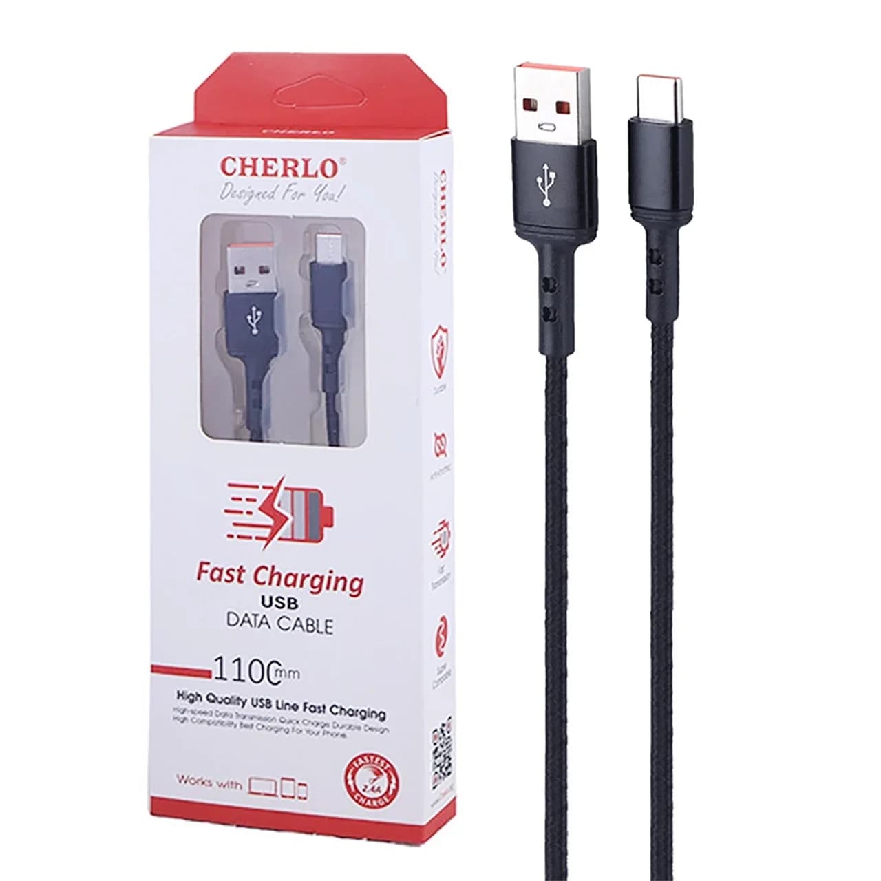 کابل شارژ 1.1 متری فست CHERLO Type-C مدل CH-TC05 – مشکی – SMO