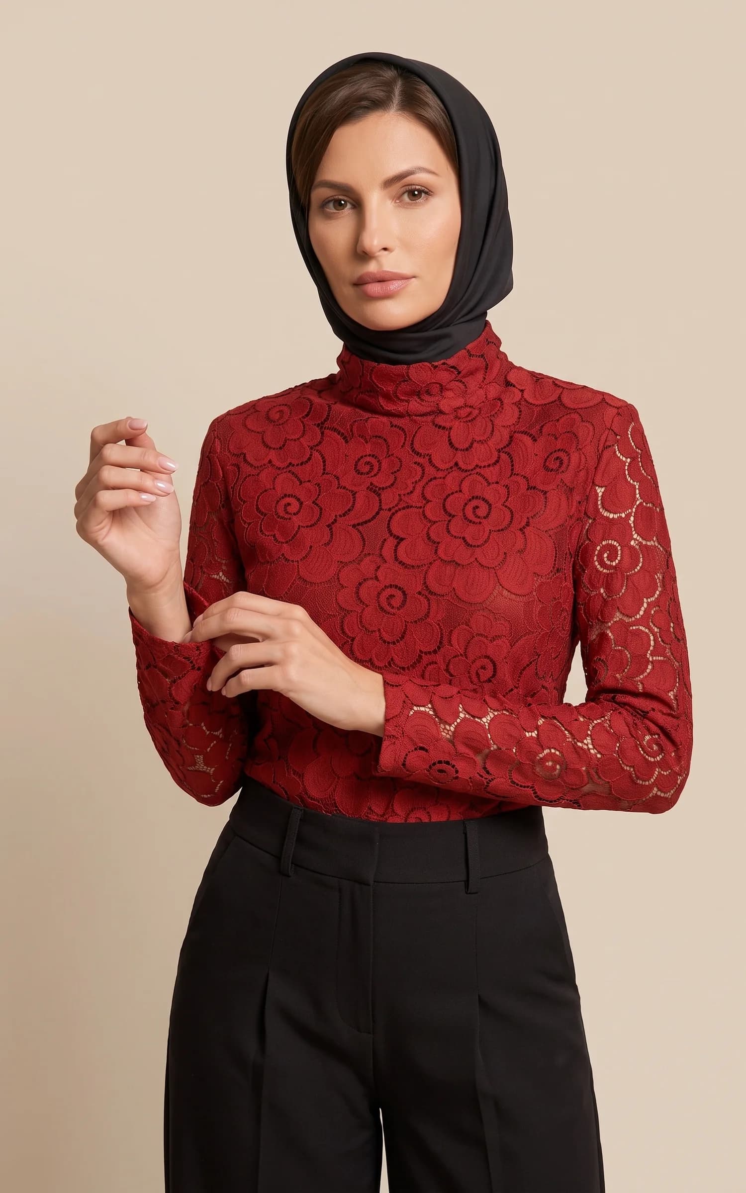 بلوز زنانه زرشکی گیپور یقه ایستاده آستین بلند nevado کد 405012351919 — تصویر ۲