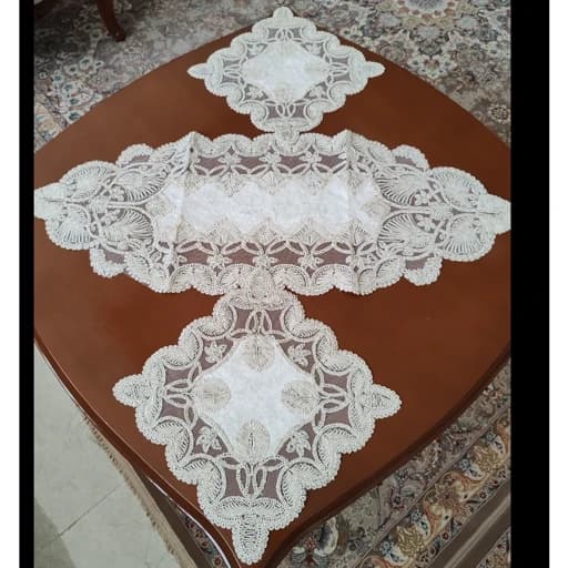 رومیزی بیضی مربع سه تکه مخمل دانتل گندمی ترک