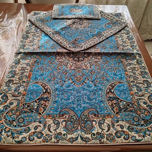 سجاده جانماز ترمه سنتی یزد رنگ آبی فیروزه ای — تصویر ۴