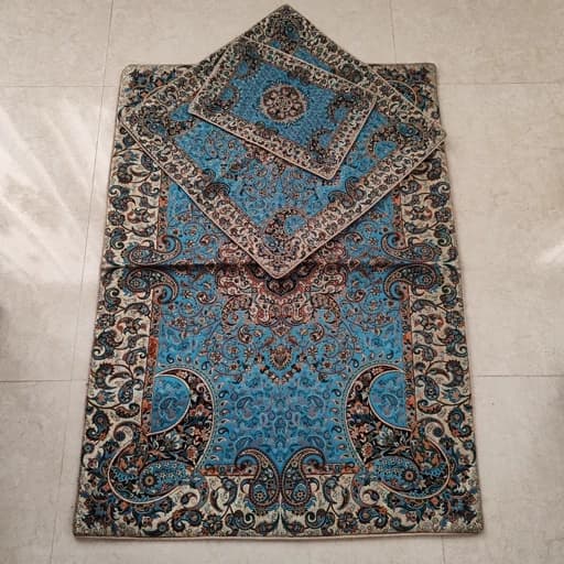 سجاده جانماز ترمه سنتی یزد رنگ آبی فیروزه ای — تصویر ۲