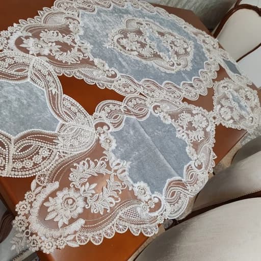 سرویس رومیزی مخمل دانتل ترک اصل پنج تکه رنگ طوسی — تصویر ۲