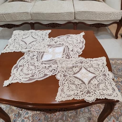سرویس رومیزی دانتل مخمل ترک اصل پنج تکه آنتیک — تصویر ۳