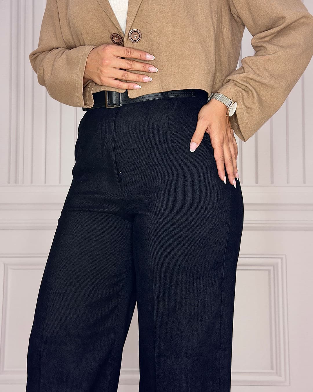 شلوار بگ مخمل کبریتی مشکی زنانه | سایز بندی 40 تا 48 قد 107 | Women’s Black Corduroy Baggy Pants | کد 914105 — تصویر ۲