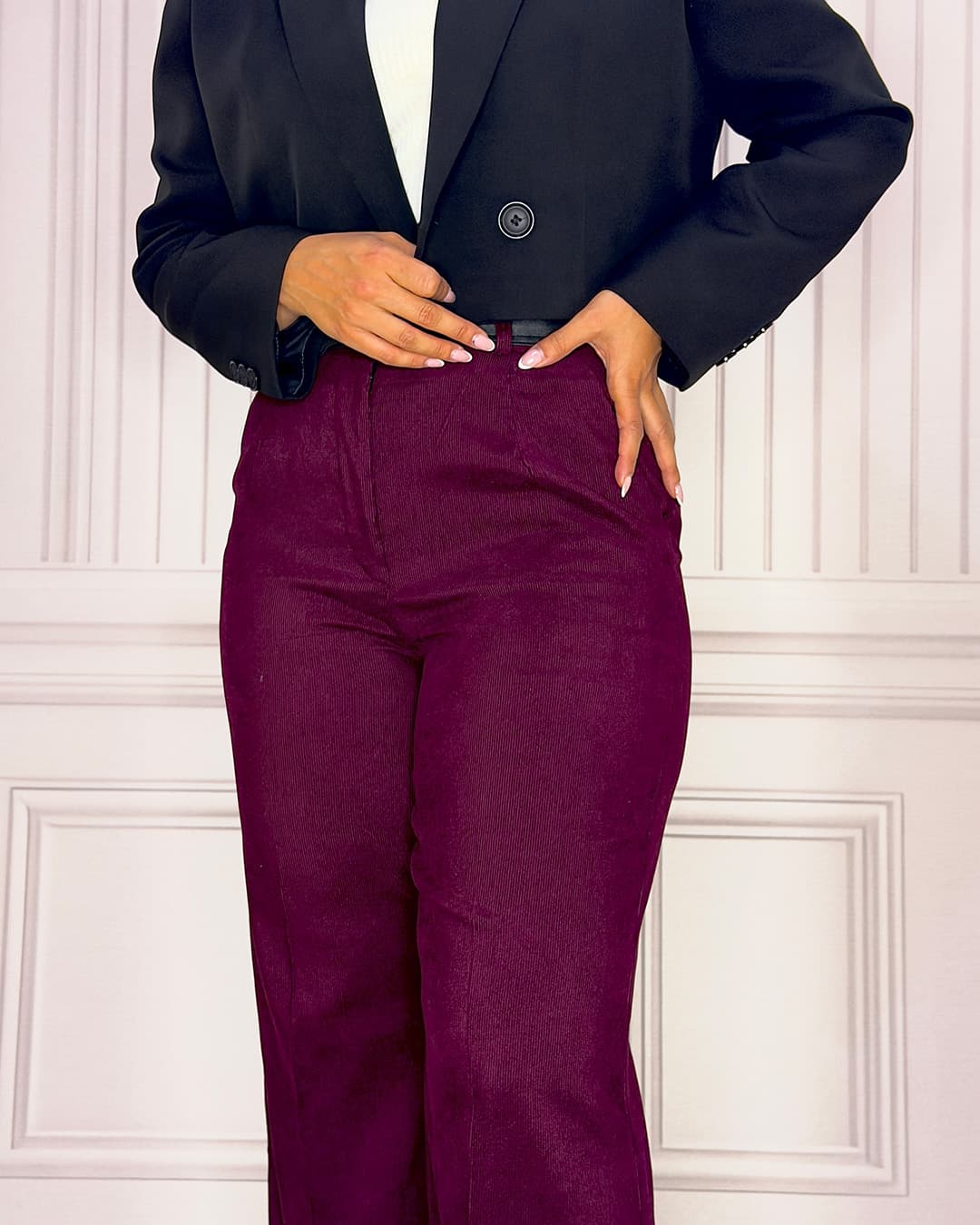 شلوار بگ مخمل کبریتی زرشکی زنانه | قد 107 | Women’s Burgundy Corduroy Baggy Pants | کد 914100 — تصویر ۲
