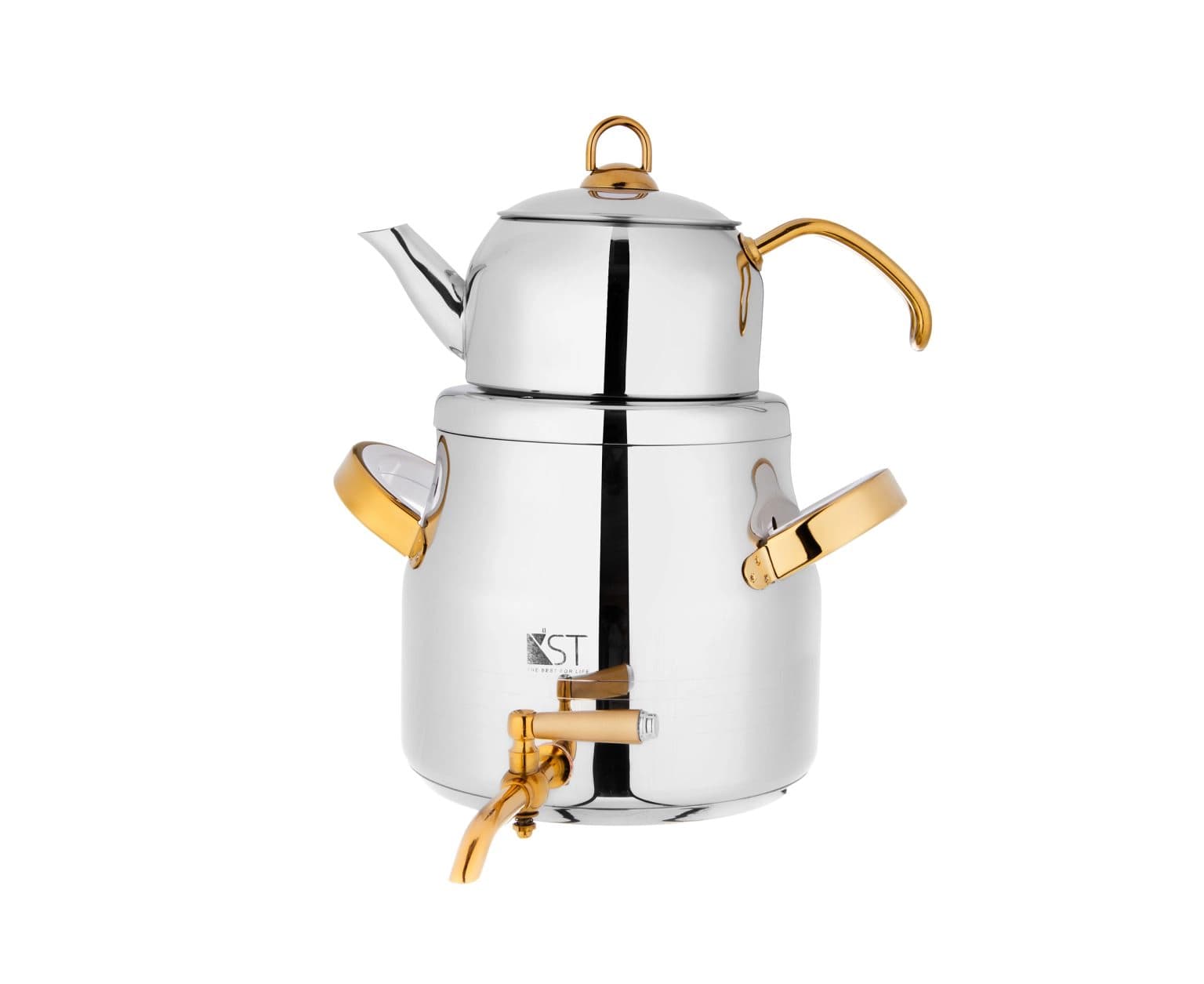 کتری استیل با قوری استیل دسته دو تکه یراق طلا KST-4060C S G کی اس تی