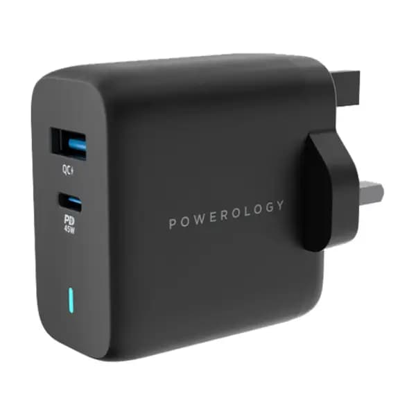 شارژر دیواری 45 وات پاورولوژی مدل Powerology Dual Port Ultra-Quick GaN Charging Adapter PWCUQC004