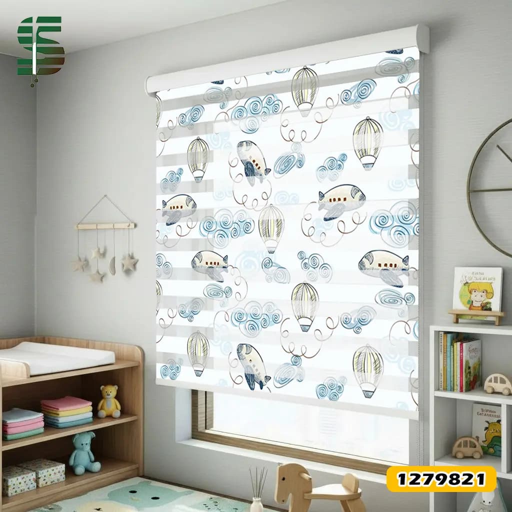 پرده زبرا کودک کد 1279821طرح پرواز هواپیما و بالن