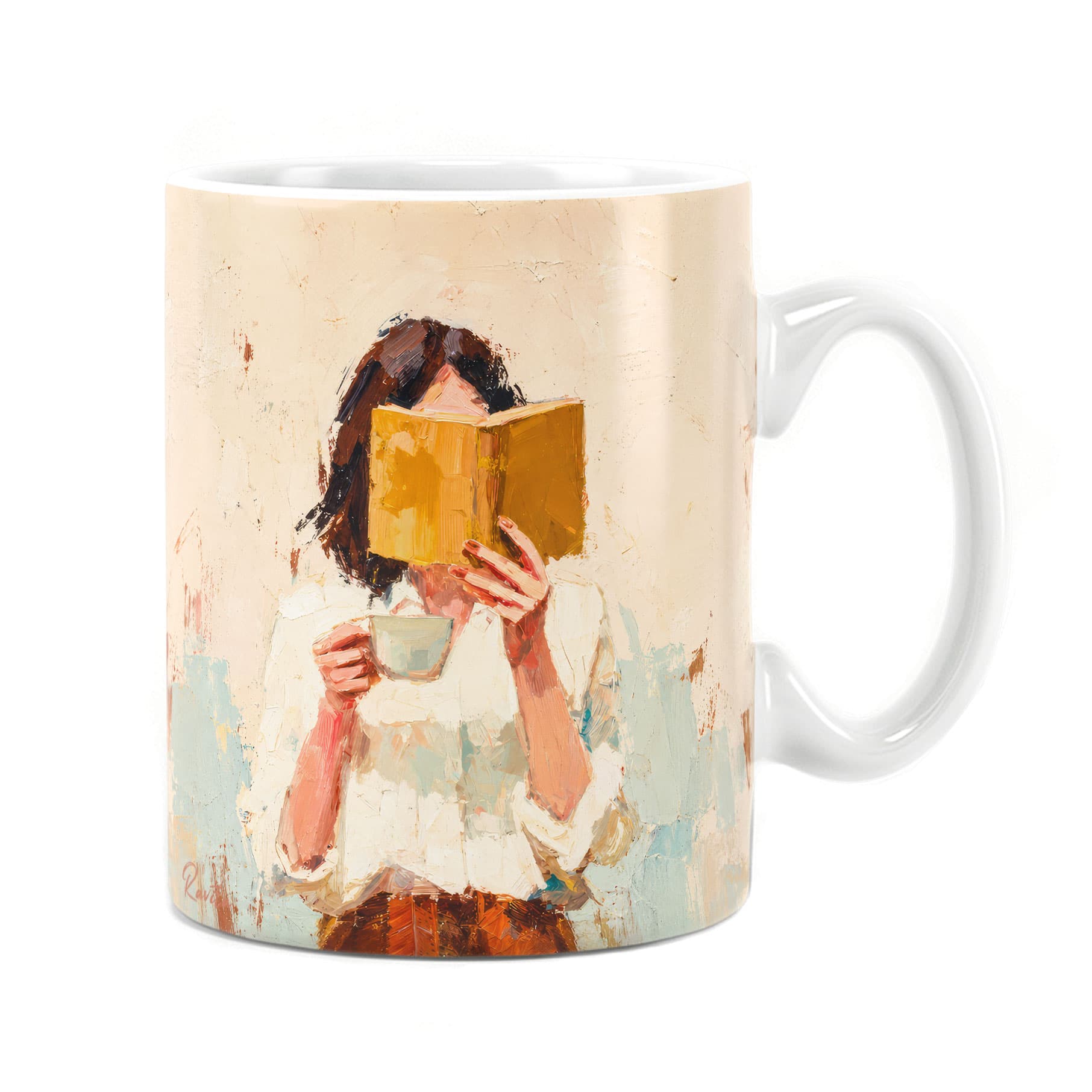 ماگ حرارتی راویتا طرح دختر کتاب‌خوان و فنجان قهوه – Reading Girl with a Cup of Coffee کد 3944 — تصویر ۴