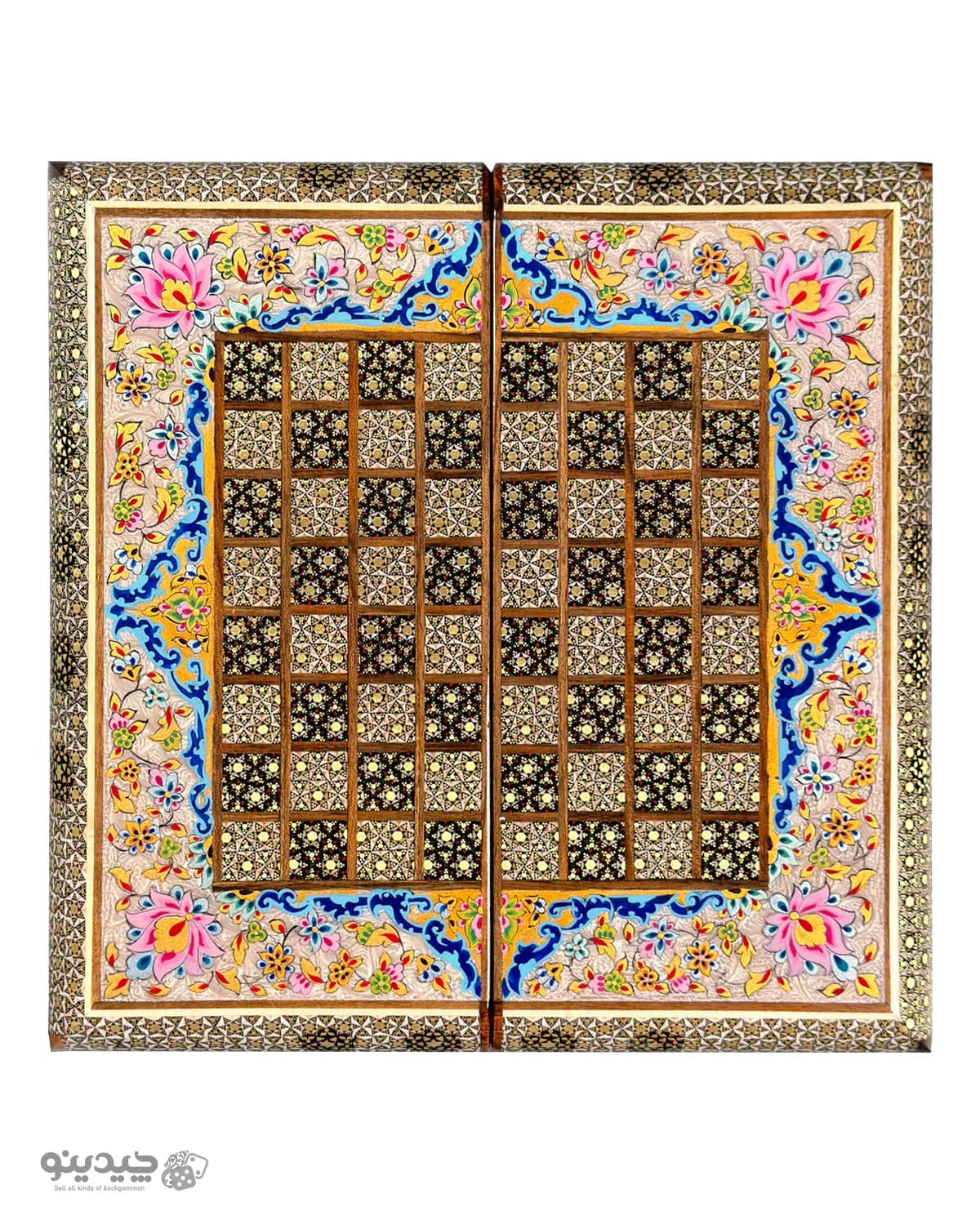 تخته نرد خاتم کاری تمام تذهیب 35 سانتی طرح فیروزه کد 10504 — تصویر ۲