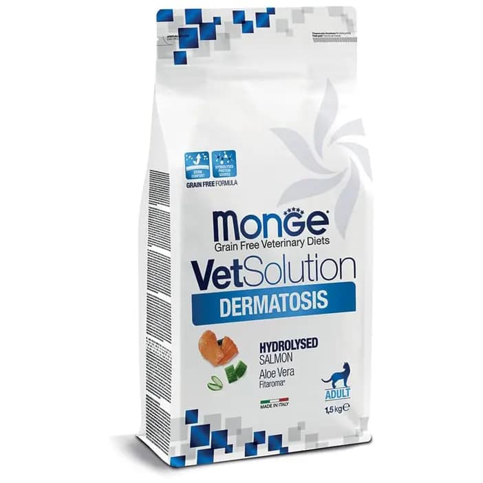 غذای خشک گربه بالغ مونژه مدل VetSolution Dermatosis با طعم سالمون وزن ۱.۵ کیلوگرم