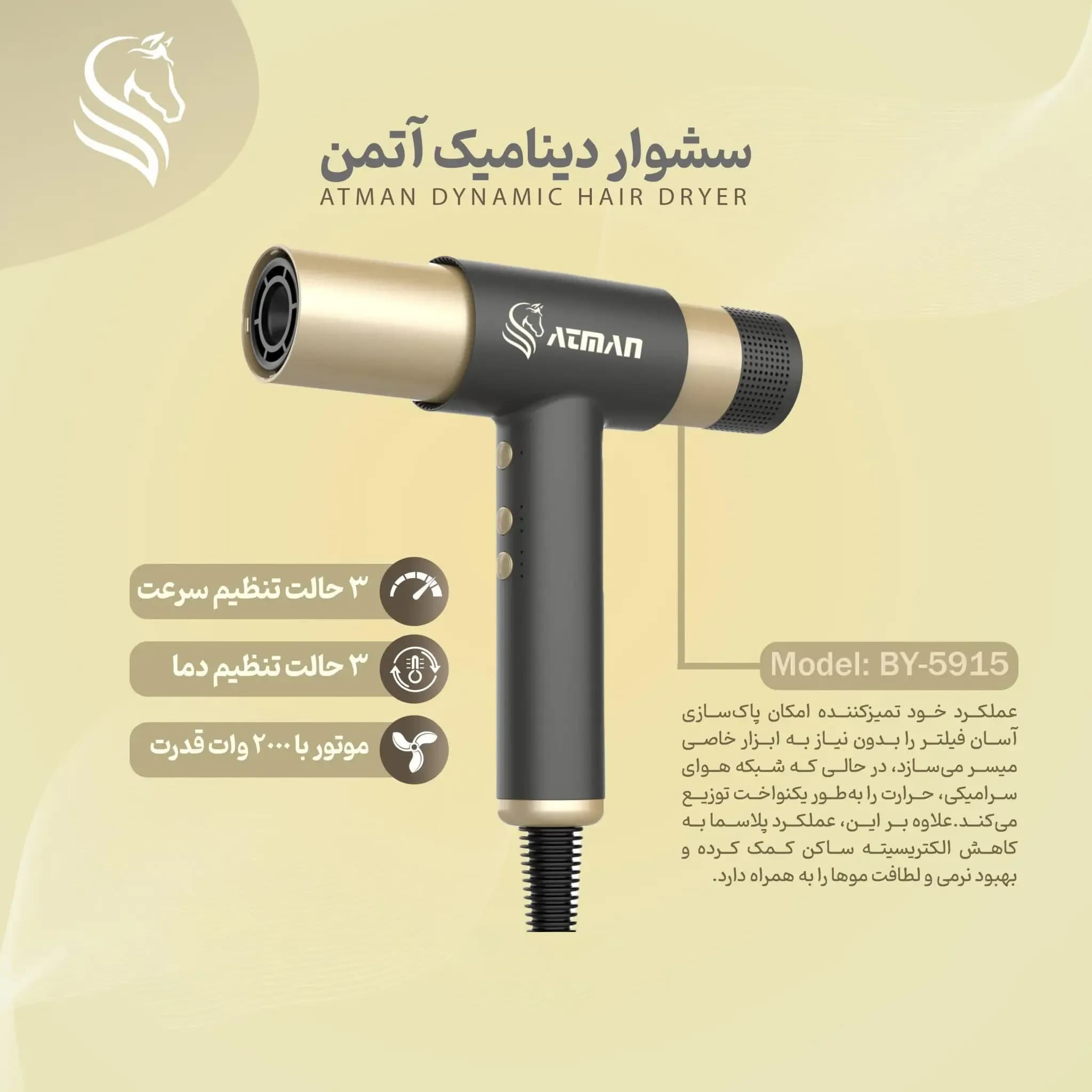 سشوار حرفه‌ای 2000 وات آتمن مدل BY-5915 — تصویر ۶
