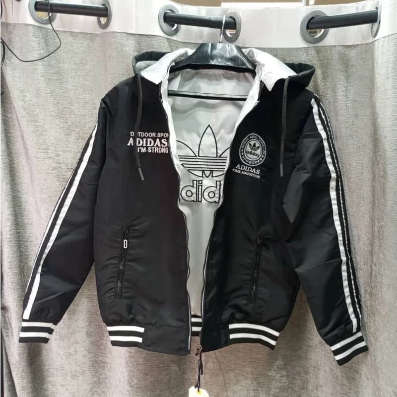 کاپشن مردانه بادگیر دو رو طرح آدیداس ADIDAS رنگ مشکی و سفید — تصویر ۵