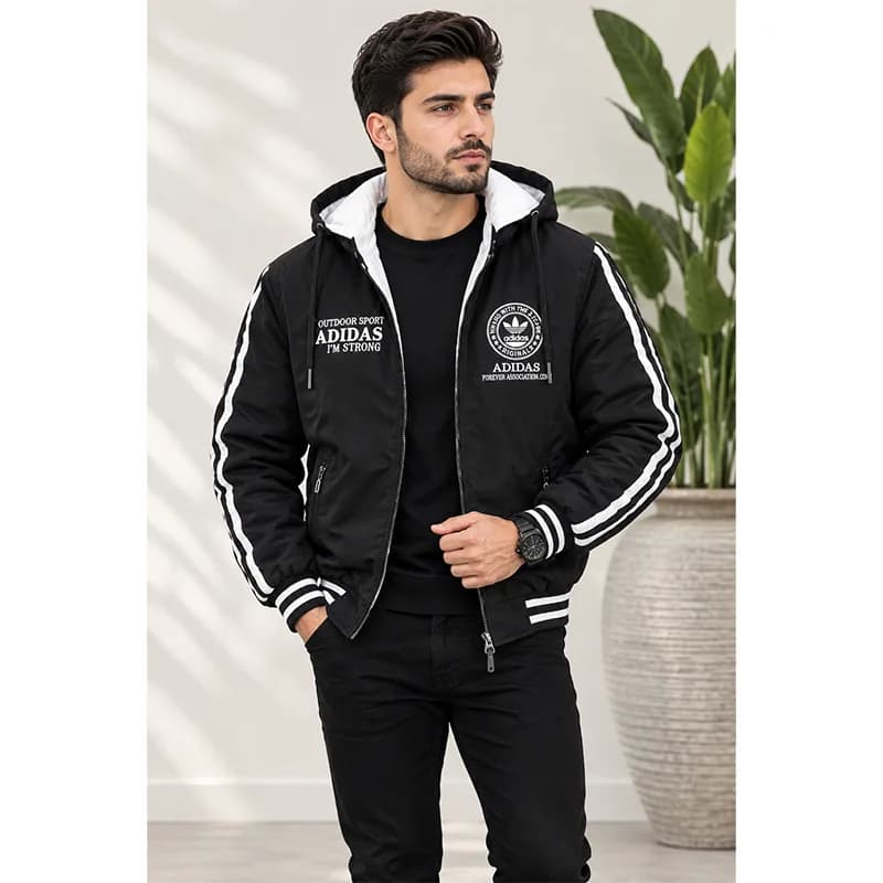 کاپشن مردانه بادگیر دو رو طرح آدیداس ADIDAS رنگ مشکی و سفید — تصویر ۲