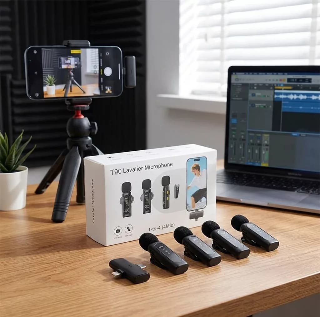 میکروفون حرفه‌ای بی‌سیم مدل T90 4MIC با درگاه تایپ سی و لایتنینگ و 4 میکروفون — تصویر ۷