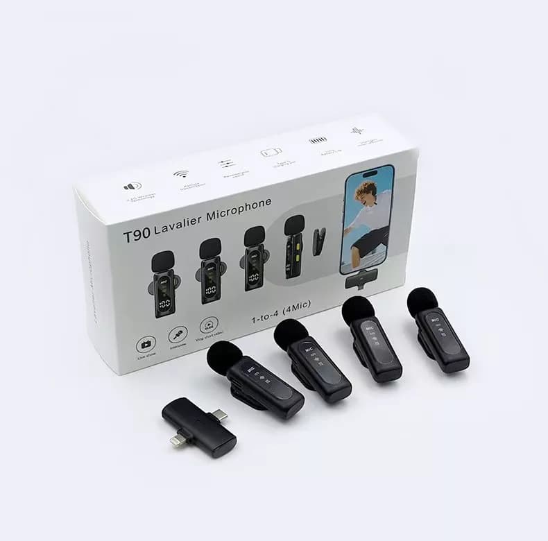 میکروفون حرفه‌ای بی‌سیم مدل T90 4MIC با درگاه تایپ سی و لایتنینگ و 4 میکروفون — تصویر ۵