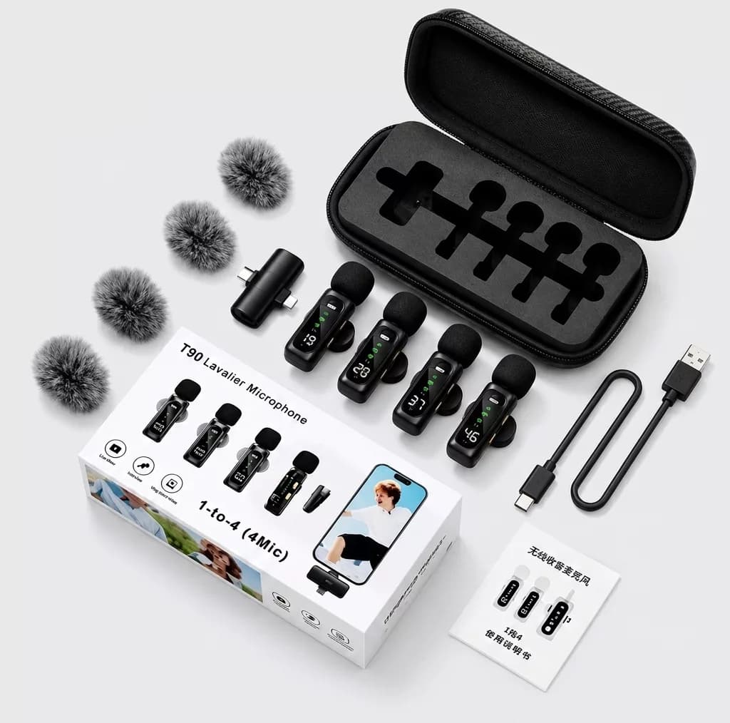 میکروفون حرفه‌ای بی‌سیم مدل T90 4MIC با درگاه تایپ سی و لایتنینگ و 4 میکروفون — تصویر ۲