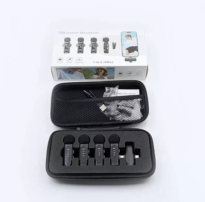 میکروفون حرفه‌ای بی‌سیم مدل T90 4MIC با درگاه تایپ سی و لایتنینگ و 4 میکروفون — تصویر ۳