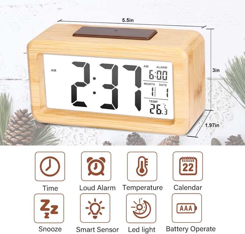ساعت زنگدار دیجیتال LED چوبی OURISE — تصویر ۲