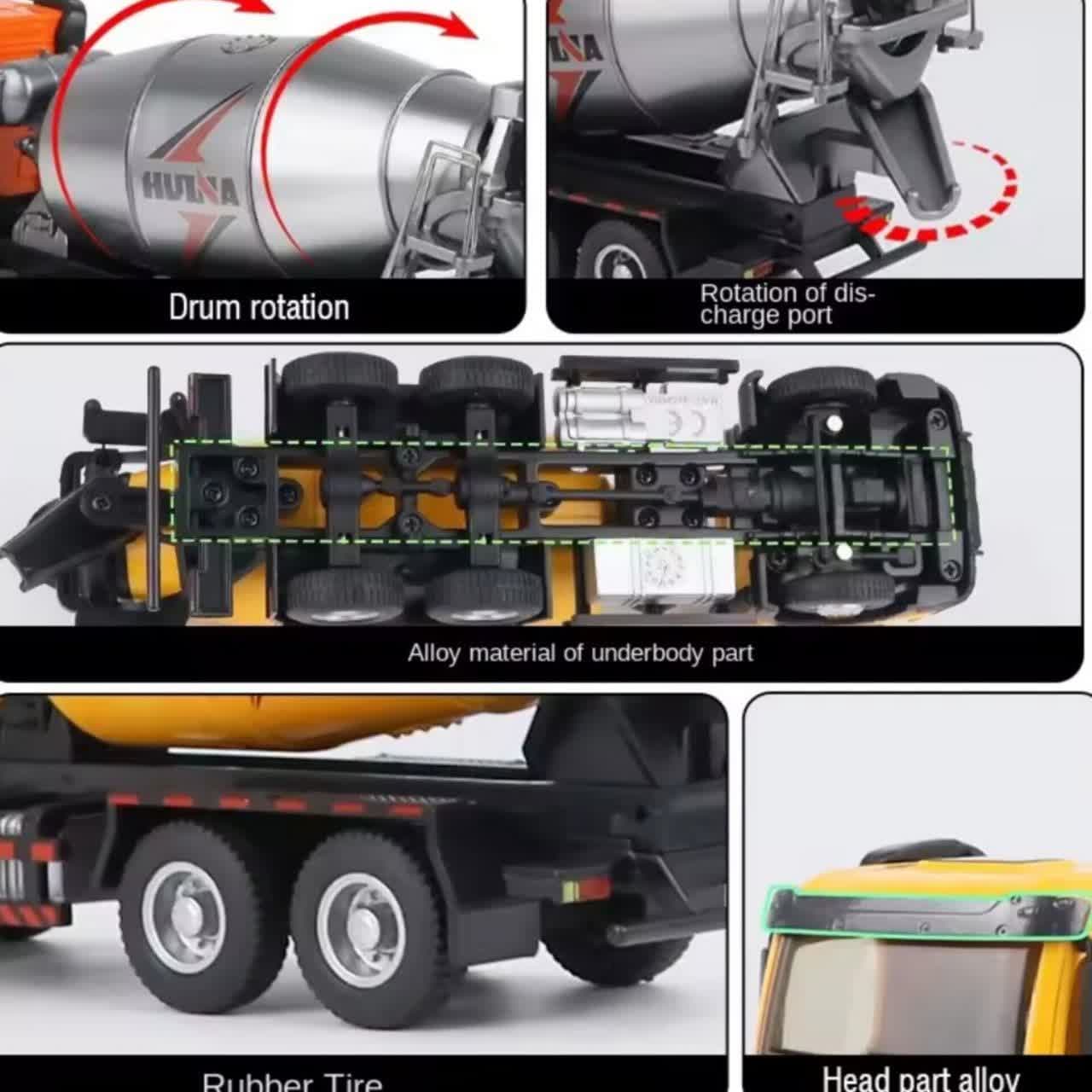 ماکت ماشین کامیون راهسازی میکسر فلزی هوینا کد HUINA MIXER TRUCK 1737 — تصویر ۵