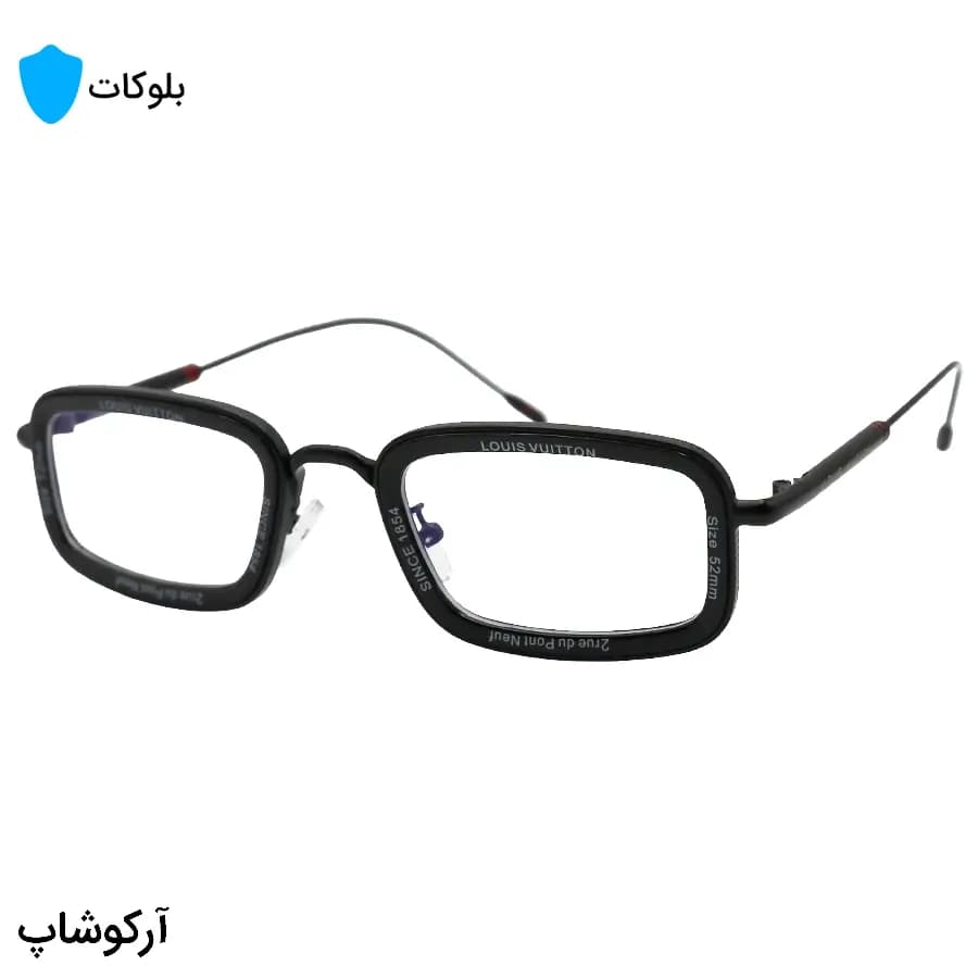 عینک لویی ویتون با فریم مستطیلی شکل، رنگ مشکی براق و عدسی بیرنگ و بلوکات مدل 7324