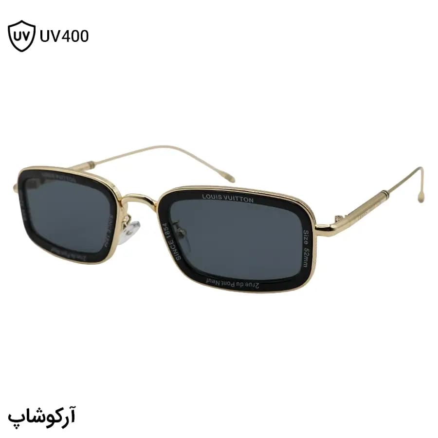 عینک آفتابی LOUIS VUITTON با فریم مستطیلی شکل، رنگ طلایی براق و عدسی دودی تیره مدل 7324