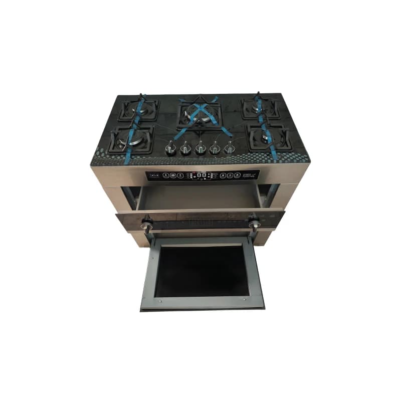اجاق گاز طرح فر تکنوا ۵ شعله صفحه شیشه نما استیل فندک سرخود ولوم بالای یک کشو یک درب — تصویر ۲