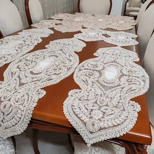 سرویس رومیزی دانتل مخمل پنج تکه ترک اصل طرح صدف — تصویر ۴