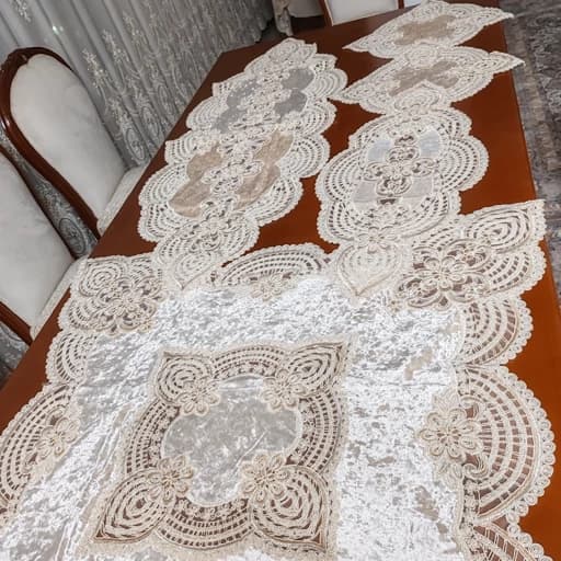 ست رومیزی پنج تکه مخمل دانتل ترک اصل طرح درسا — تصویر ۳