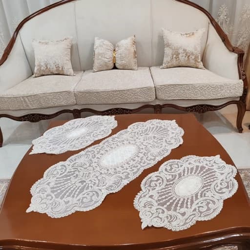 رومیزی دانتل مخمل ایرانی بیضی سه تکه طرح زنجیر — تصویر ۴