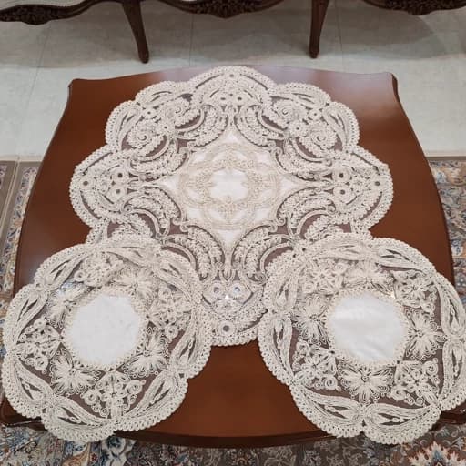 رومیزی گرد دانتل مخمل ترک سه تکه طرح کینگ