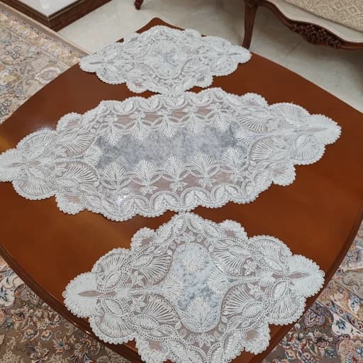 رومیزی مخمل دانتل ملیله دوزی طرح کاج سه تکه — تصویر ۸