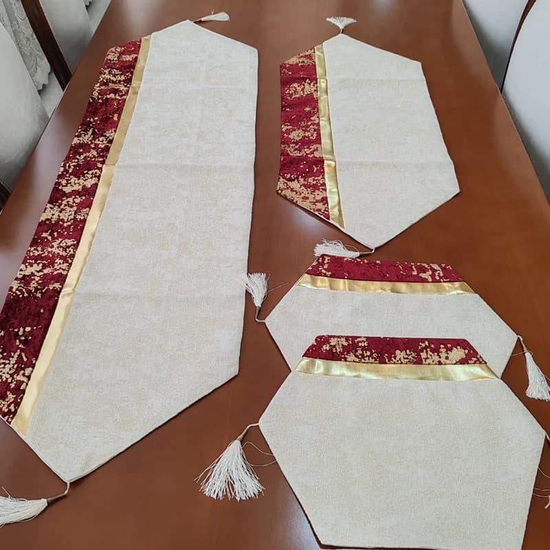 رومیزی مخمل پتینه ترکیبی 4 تکه با چرم طلایی — تصویر ۴