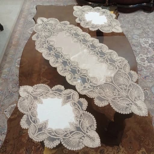 رومیزی مخمل دانتل ترک طرح گندمی 3 تکه بیضی