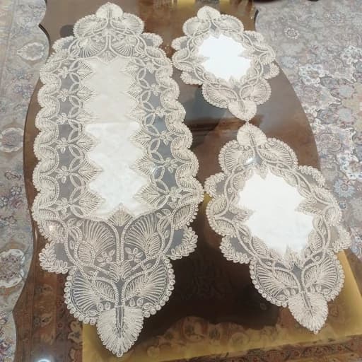 سرویس رومیزی مخمل دانتل ترک طرح گندمی 5 تکه مربع دار — تصویر ۷