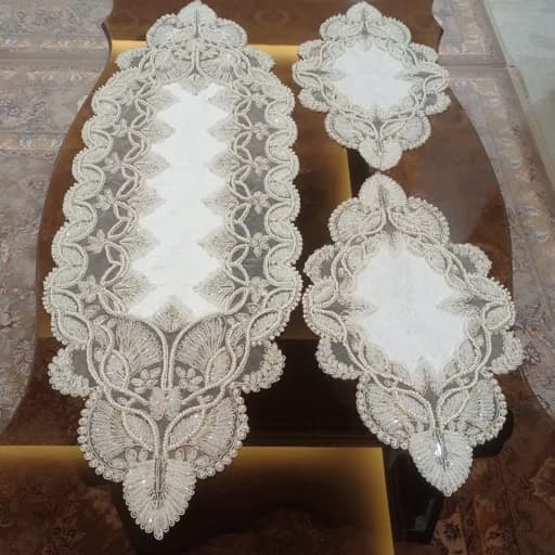 رومیزی کریستال دوزی مخمل دانتل سه تکه ترک طرح گندمی